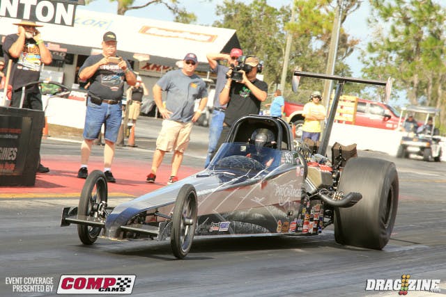 Fresh of her record 3.63 run last night, the quickest pass for a Procharger equipped car, she had an opponent broke by after Matt Gilmore broke a camshaft last night. She shook some, pedaled the car and let out saving it for further rounds today.