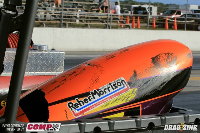 Outlaw Pro Mod saw Travis Harvey paired up with Dan Stevenson with both drivers late on the tree though the advantage went to Harvey. Down track both cars were running hard when Stevenson blew the hood scoop off with Harvey going 3.83 at 197 to take the round.