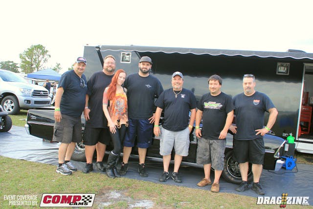 Nova Joe Albrecht has run well today coming down from New York to get some racing/testing in with the Al-Lee Motorsports 67 Nova. The car was finished in August in house by Thriftway Chassis Works this year and ran at the Yellow Bullet Nats and No Mercy with promising results for car owner Eddie Whelan. The car is powered by an Extreme Racing Engines 15 degree small Chevy topped with Induction Solutions plate kit and backed by a Starias' Transmission and Ultimate Converter. Pictured from left to right, John Albrecht Sr., Michael Lang,  Amy Ehrlich, Joe Albrecht, Rico Mariani, Joe Alagna and car Owner Eddie Whelan.