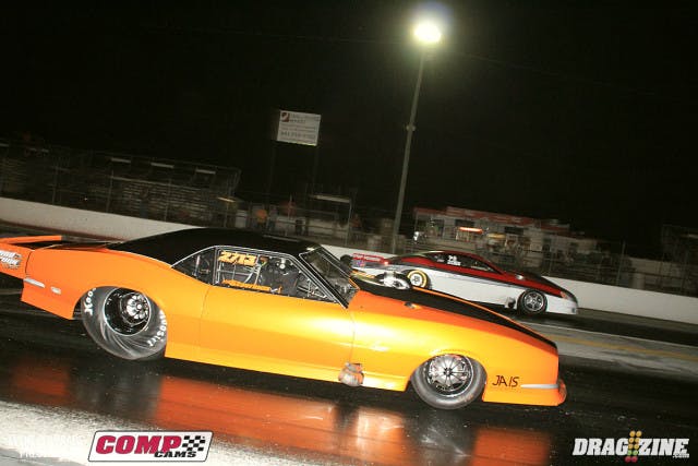 Mike Stavrinos made it through the B field in Outlaw Pro Mod to meet up with Rick Hord's Pontiac in a battle of twin turbo cars. Hord took a big starting line advantage with a .073 reaction going to to earn the hole shot win with a 4.05 at 189 to Stavrinos' 3.94 at 196 MPH blast, his best run of the weekend in just the second time out with the car.