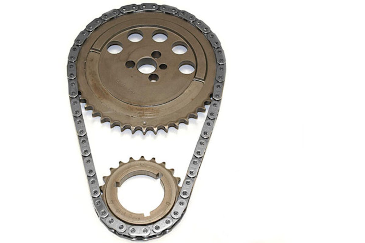 A single row roller chain.