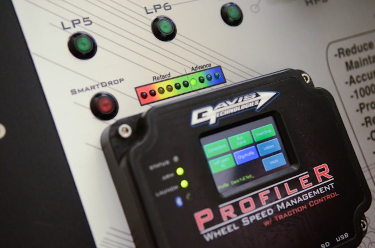 Davis' interactive booth includes this LED display (seen above the Profiler) of the degrees of timing being pulled or advanced as you angle the Vehicle Position Sensor up and down in your hand.