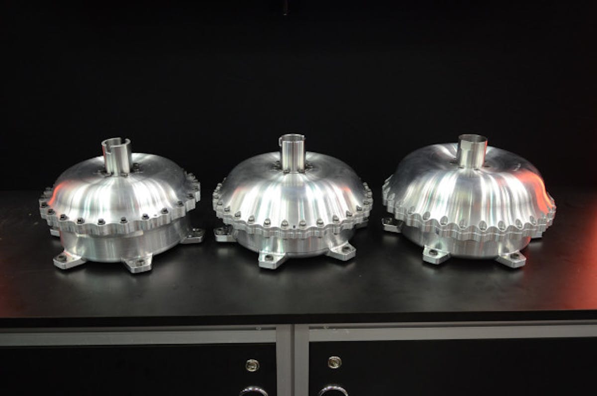 The 8, 9, and 10-inch billet lockup torque converters, lined up, from left to right.