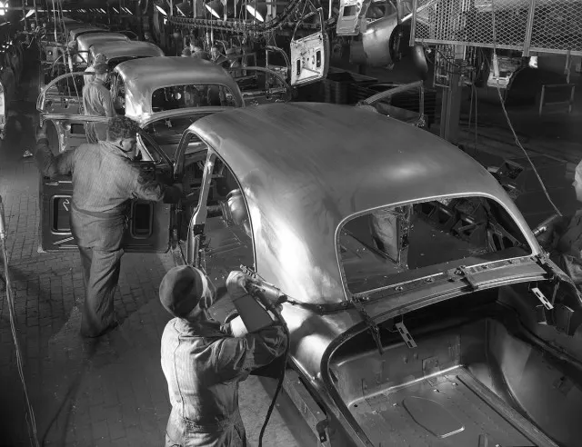 Turning Fisher Body, and the rest of General Motors, into a massive “arsenal of democracy” was a massive job, headed up by past-GM President William Knudsen (and father of future Chevy boss Semon E. “Bunkie” Knudsen). By the time these Cadillac bodies began their trip toward the final line at Cadillac’s assembly plant on Clark Street in Detroit, Fisher Body Division had loaded out all its defense-related tooling and machinery in their nearby body plant, brought the 1942-model year tooling out of storage, freshened it up, and began making the finest passenger car bodies in the world, right where they had left off. (Photo courtesy GM Media /Chevrolet Historic Services)