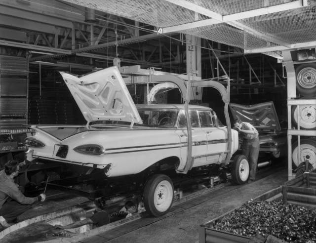 You can’t think of Fisher Body and the job that its engines, draftsmen and armies of skilled tradesmen did for GM over the years without the 1959 Chevrolet’s all-new body coming to mind. Styled during a “crash” (i.e. REALLY urgent!) 1959 re-styling program, Fisher Body engineers suggested that the rear quarter panels be made of two stampings welded together, in order to put into steel what Chevrolet Styling created on paper and in clay. (Photo courtesy GM Media /Chevrolet Historic Services)