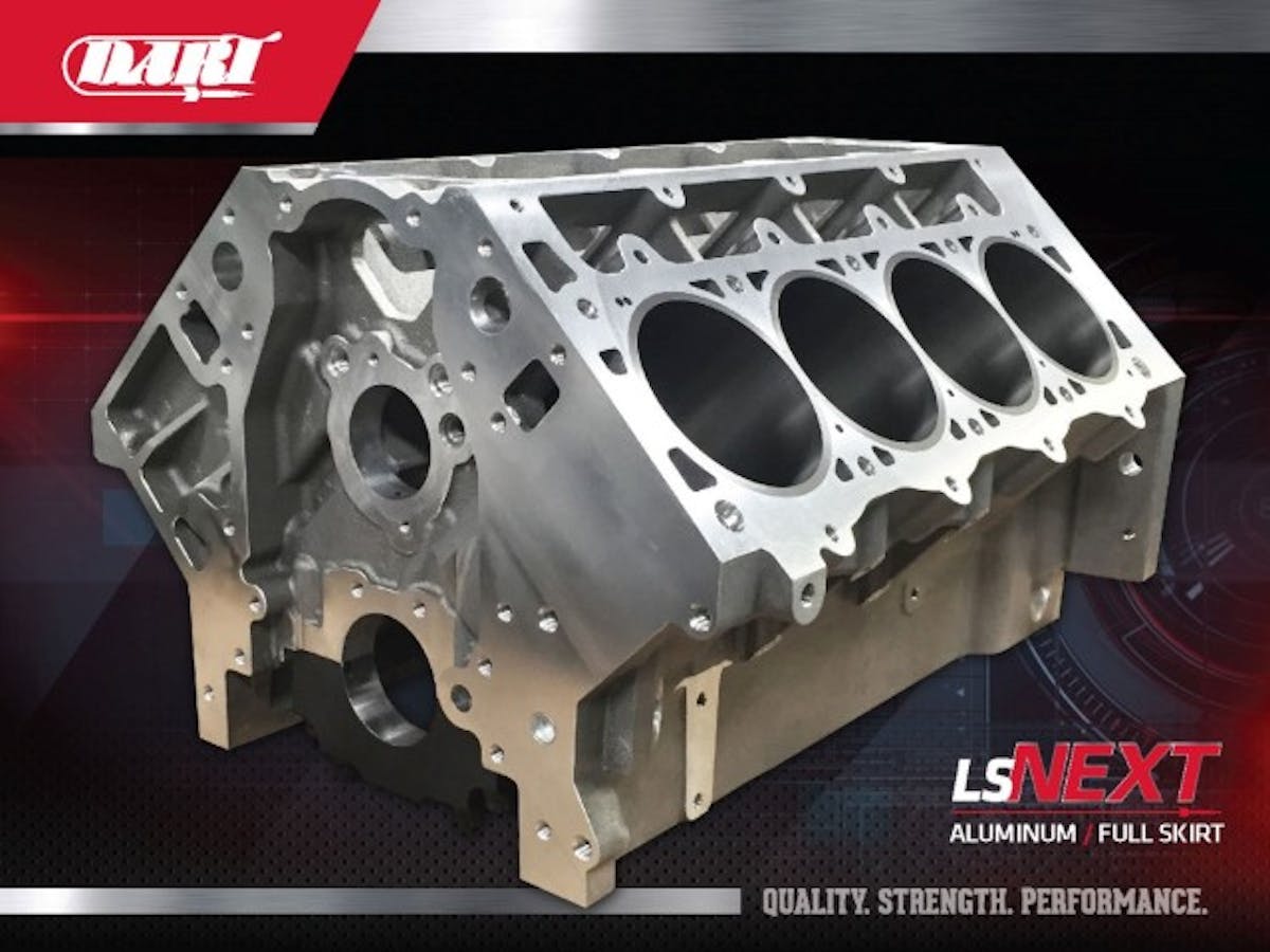The new fully-skirted LS Next engine block, which will accept a stock-style oil pan and pickup design or an aftermarket dry-sump system.