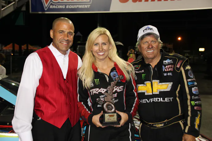 Bill Bader, Jr. (left) with Courtney and John Force at the annual Night Under Fire.