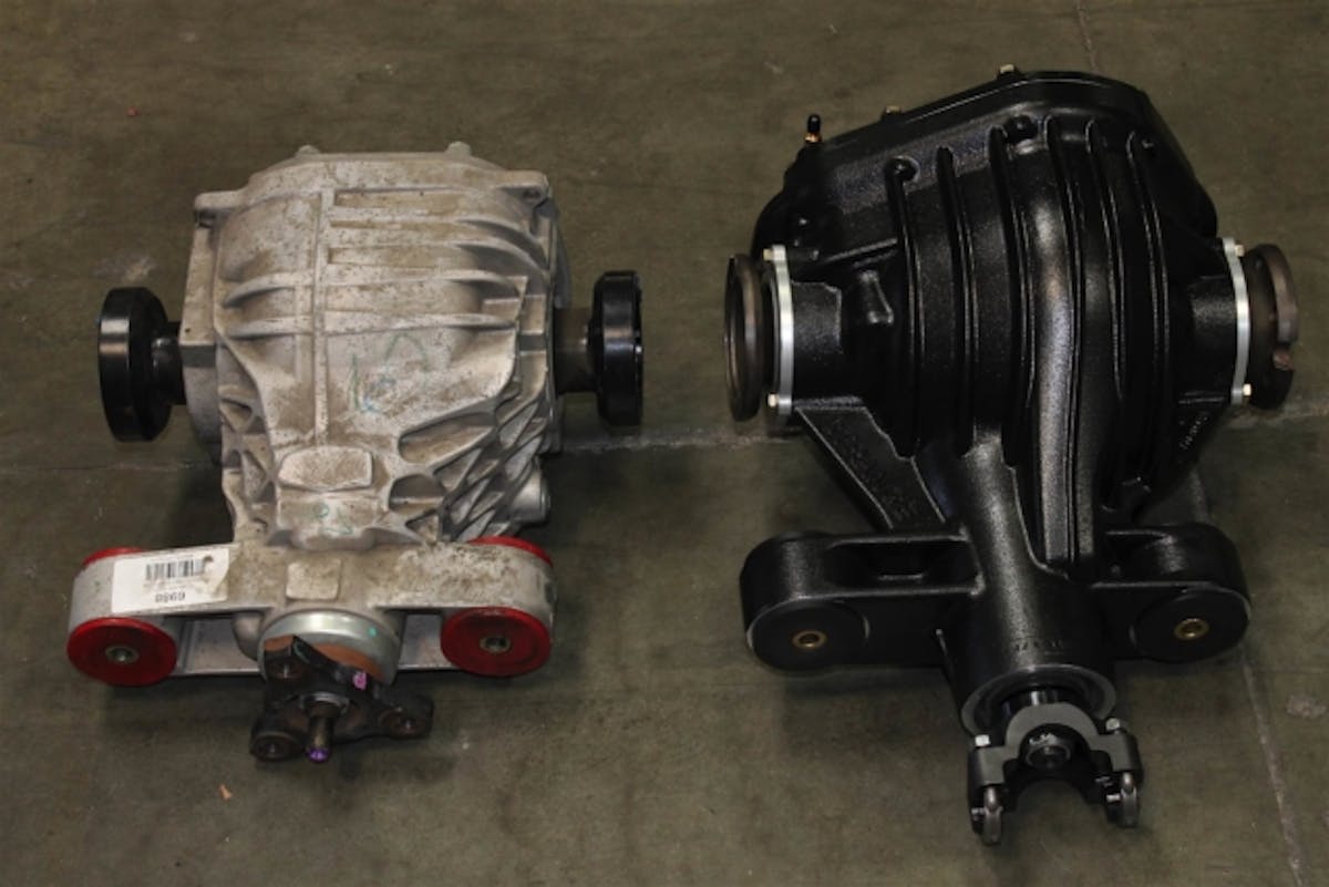 A side by side comparison of the stock Camaro SS diff (left) with the Strange 9-3/4 inch unit. The Strange diff uses stock-style mounts, making it compatible with OEM bushings and solid aftermarket replacements, as well as the supplied polyurethane inserts.