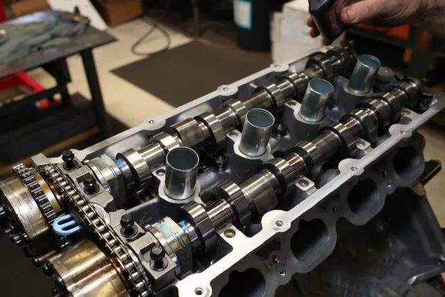 A look inside one of the Coyote cylinder heads with the intake and exhaust cams installed. 