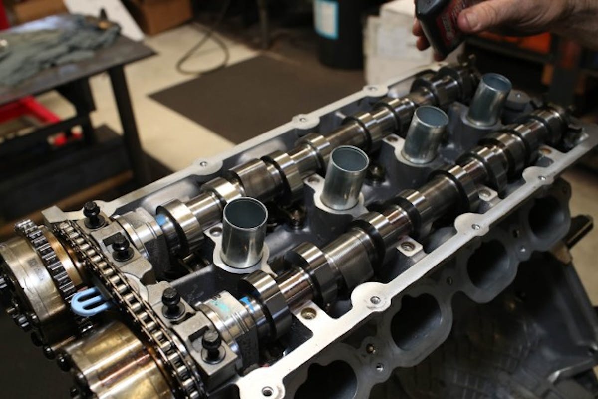 A look inside one of the Coyote cylinder heads with the intake and exhaust cams installed. 
