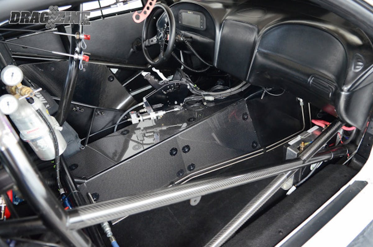 As you'd expect from a purpose-built race car, the interior is chock full of carbon fiber, from the floor to the dash and transmission tunnel. Pharris and company are in the process of adding carbon doors, as well.