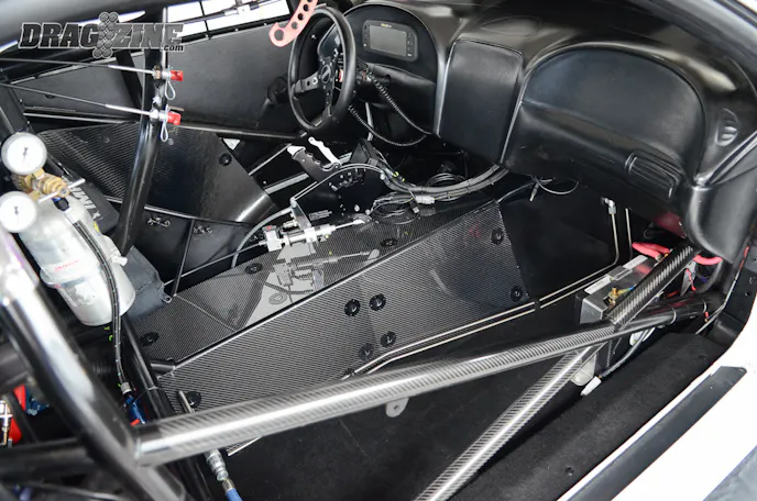 As you'd expect from a purpose-built race car, the interior is chock full of carbon fiber, from the floor to the dash and transmission tunnel. Pharris and company are in the process of adding carbon doors, as well.
