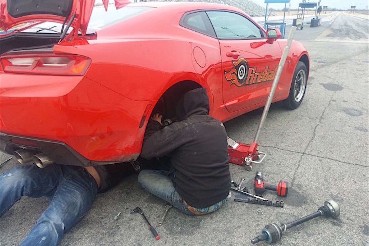 The Fireball Performance Mod Team quickly found the limits of the OEM half-shafts after attempting another pass in the 650 RWHP Camaro. Luckily, the team came prepared to the track with an extra set of factory axels ready to be put in.