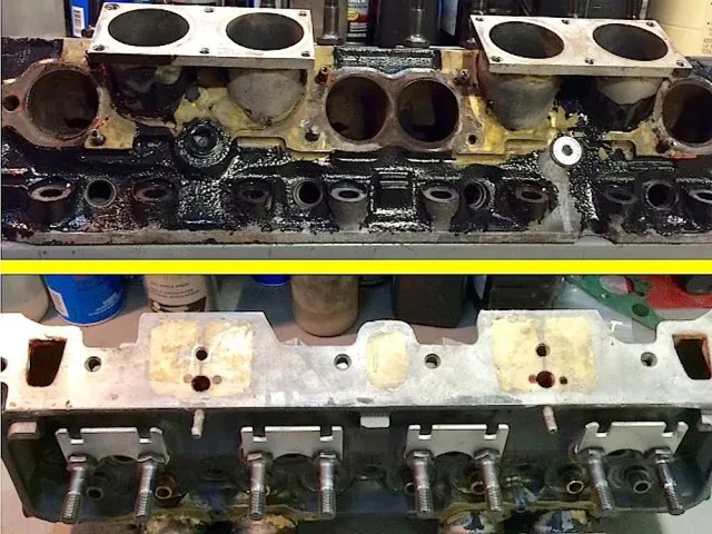 Here are two views of the HRE-modified cylinder head on the bench. Note the intake runner tubes brazed to the head where the openings were milled through the water jackets. On the opposite side, the stock intake ports were filled with epoxy.
