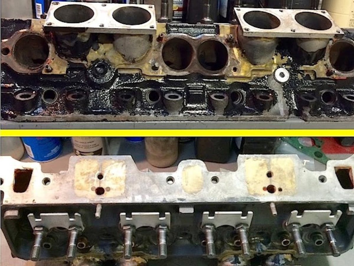 Here are two views of the HRE-modified cylinder head on the bench. Note the intake runner tubes brazed to the head where the openings were milled through the water jackets. On the opposite side, the stock intake ports were filled with epoxy.