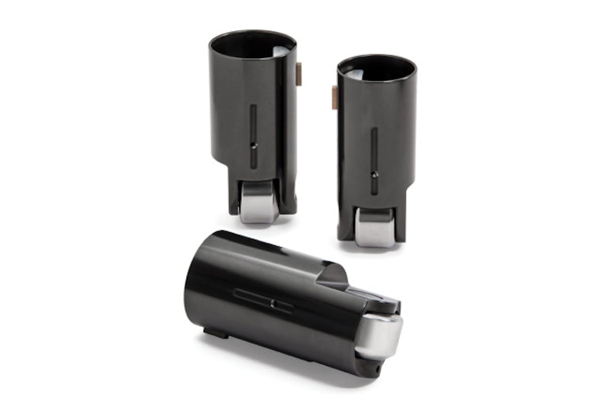 The Jesel Keyway lifter. Most notable is the lack of a link (tie-bar) connecting the intake and exhaust lifter pair to keep them aligned with the camshaft lobes. Instead Jesel bushed the lifter bore with a special bronze alloy bushing with a keyway groove cut for a special hardened pin on the lifter body. The pin rides up and down in the keyway groove, keeping the lifter aligned with the cam. This removes considerable weight from the lifter; the weight of the tie-bar is eliminated and the lifter body is much shorter as a result.