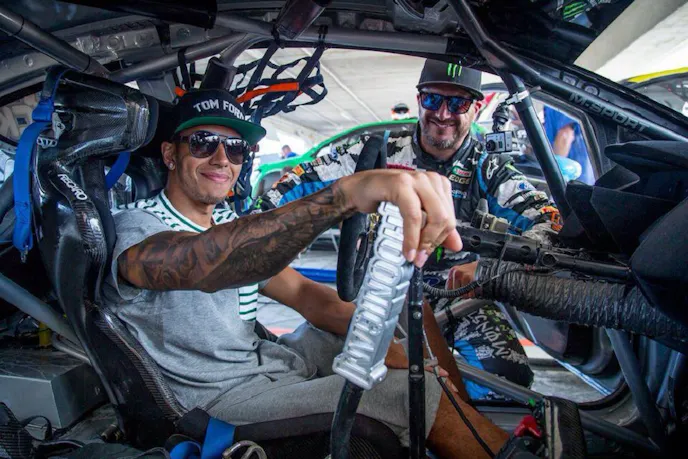 Hamilton with Block in the HFHV Ford Fiesta rally car.