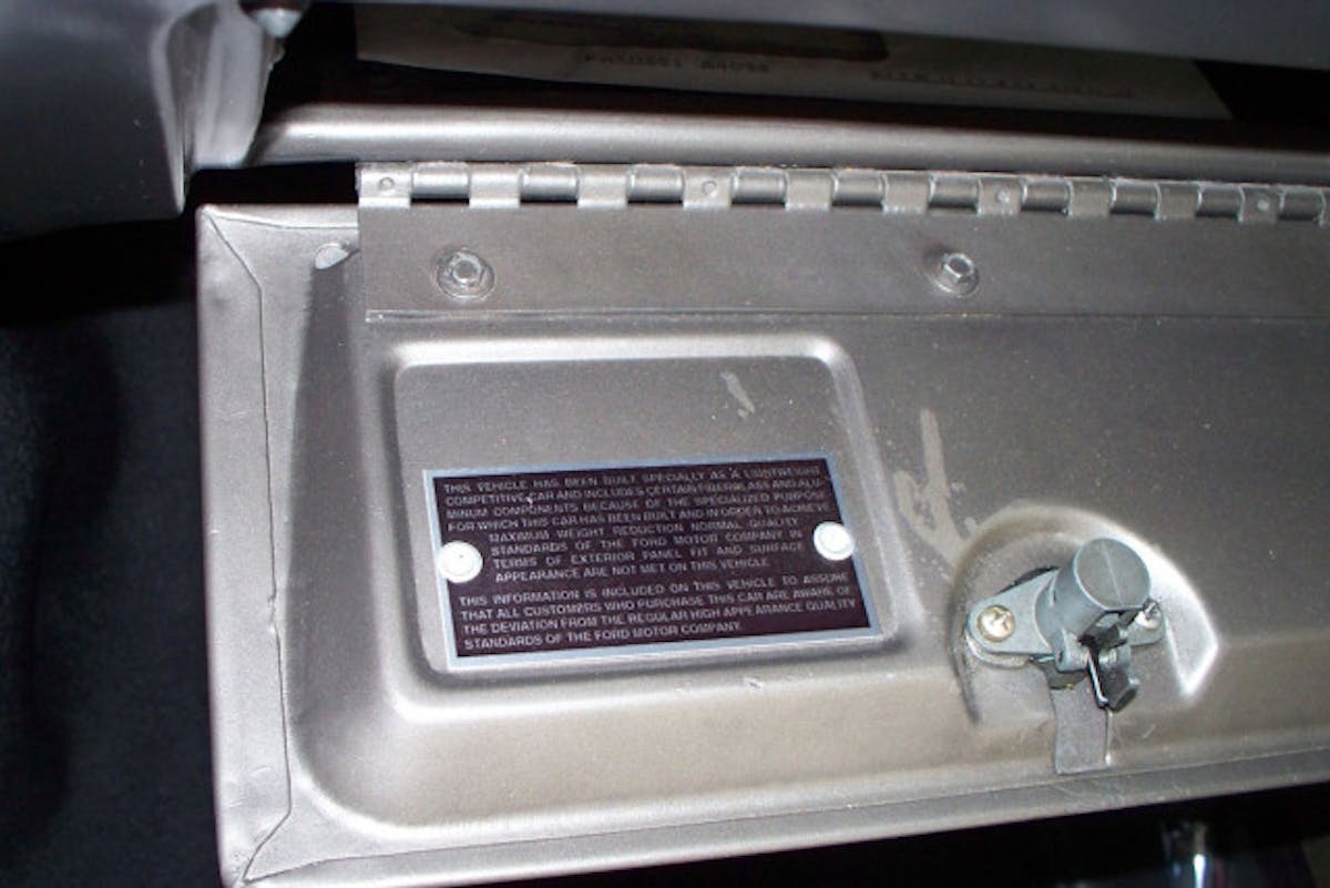 Due to the unique low-production components and off-site construction, the build quality of the Thunderbolt differed substantially from a typical Fairlane built on the production line. As such, each Thunderbolt carried a disclaimer tag mounted to the glove box that read, "This vehicle has been built specially as a lightweight competitive car and includes certain fiberglass and aluminium components. Because of the specialized purpose for which this car has been built and in order to achieve maximum weight reduction, normal quality standards of the Ford Motor Company in terms of exterior panel fit and surface appearance are not met on this vehicle. This information is included on this vehicle to assure that all customers who purchase this car are aware of the deviation from the regular high appearance quality standards of the Ford Motor Company." Image: Wiki Commons