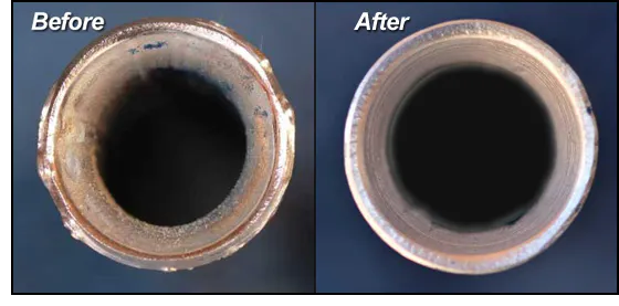 As the saying goes, a picture is worth a thousand words. Here the imperfections of a normal flared end of a brake line are obvious, and this is where leaks can occur. Lapping the end with the SurSeat gives it a properly machined surface that helps make a reliable seal.