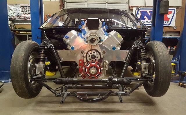 The new BBC is tucked neatly between the frame rails, awaiting it's very own set of 98mm Precision twin turbochargers.