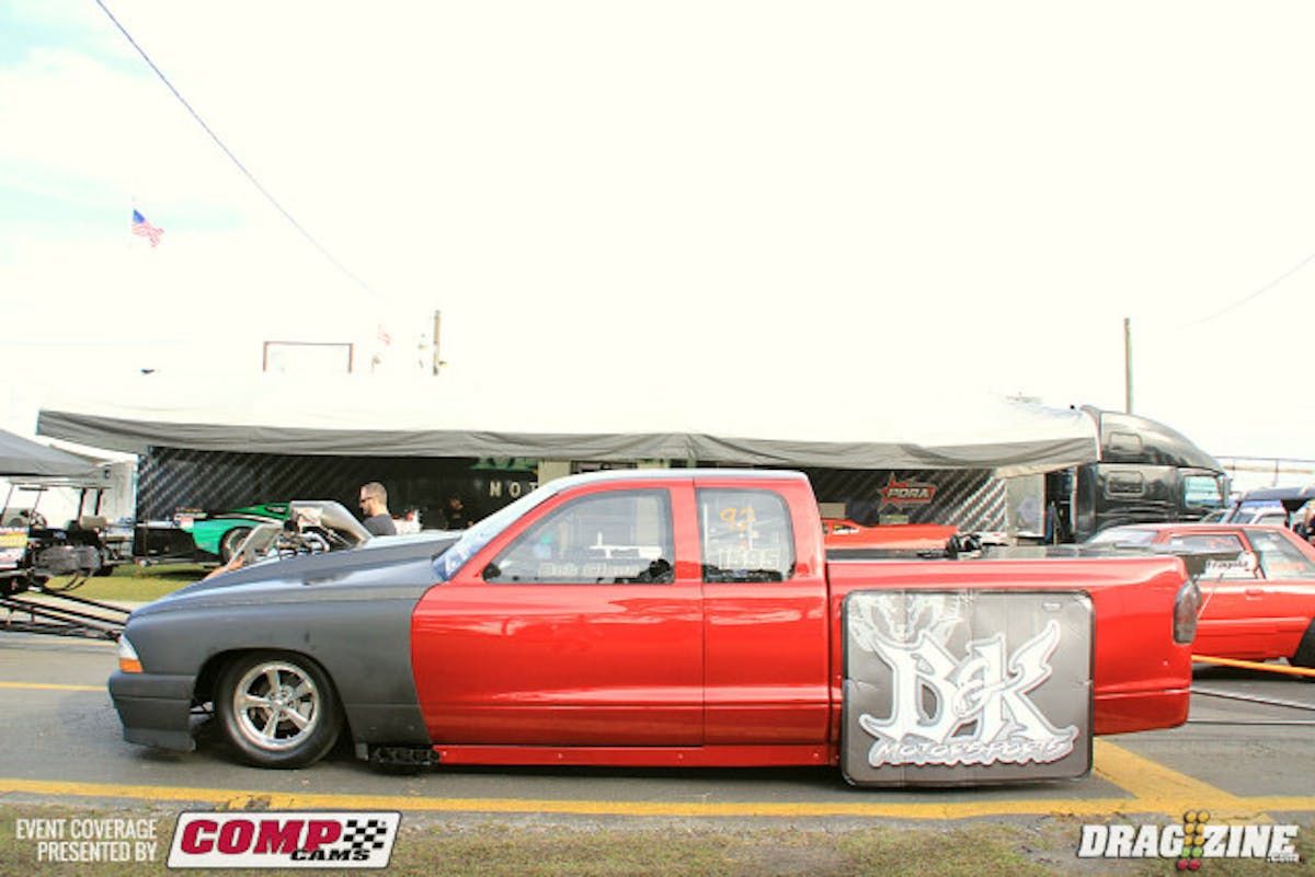 Bob Glenn is sporting partial new paint b long time friend Andy Gouldon the B&K Racing Dodge Dakota. The Mc?aren Volcano Red stands out. The paint should be completed shortly after this event, the team didn't want to miss the race this weekend.