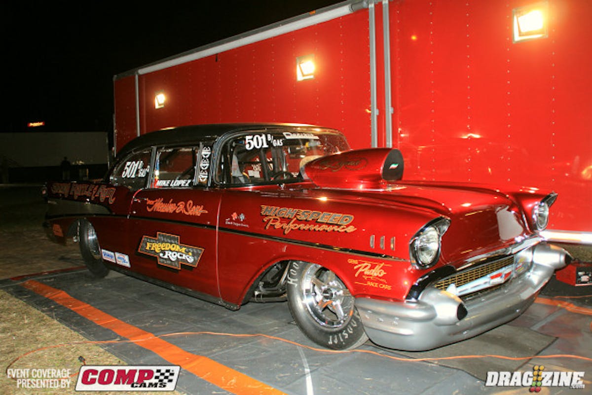 This beautiful 57 Chevy is owned by Dick Messino since it was brand new. The car has been raced for nearly it's whole life. He ran the car in C and B  Gas Coupe through the 1960's and 70's including the 1966 NASCAR Winter Nationals in Daytona, Florida scoring a runner up in Street Eliminator. In 2007 the car was upgraded to a Pro Stock Chassis with RJ Components by Gene Pudlow in Hammond, Indiana. Power comes from a 632 Chevy built by Mike Lopez High Speed Performance in Illinois. They usually match race the Shake Rattle and Run Chevy up north and have come here to the US Street Nats the past two years for something a bit different. The car uses original Chevy parts supplied by Danchuk and is all steel except front end.
