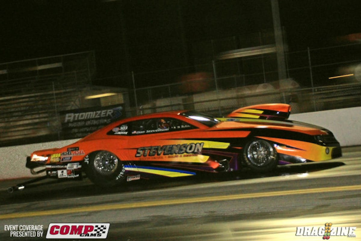 Dan Stevenson landed fifth after today's qualifying in his 2013 Camaro with a 3.863 at 195. The Outlaw Pro Mod field has a 1.6 ET spread which should make for some close racing on Sunday.