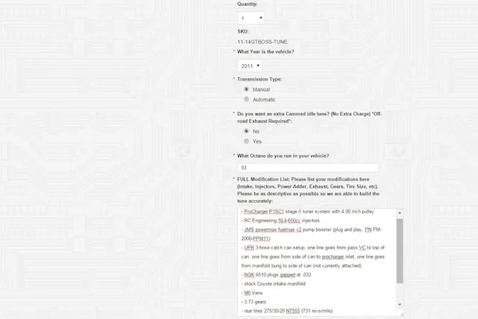 Here's a sampling of the information we provided to Lund Racing before they could begin the tune process.