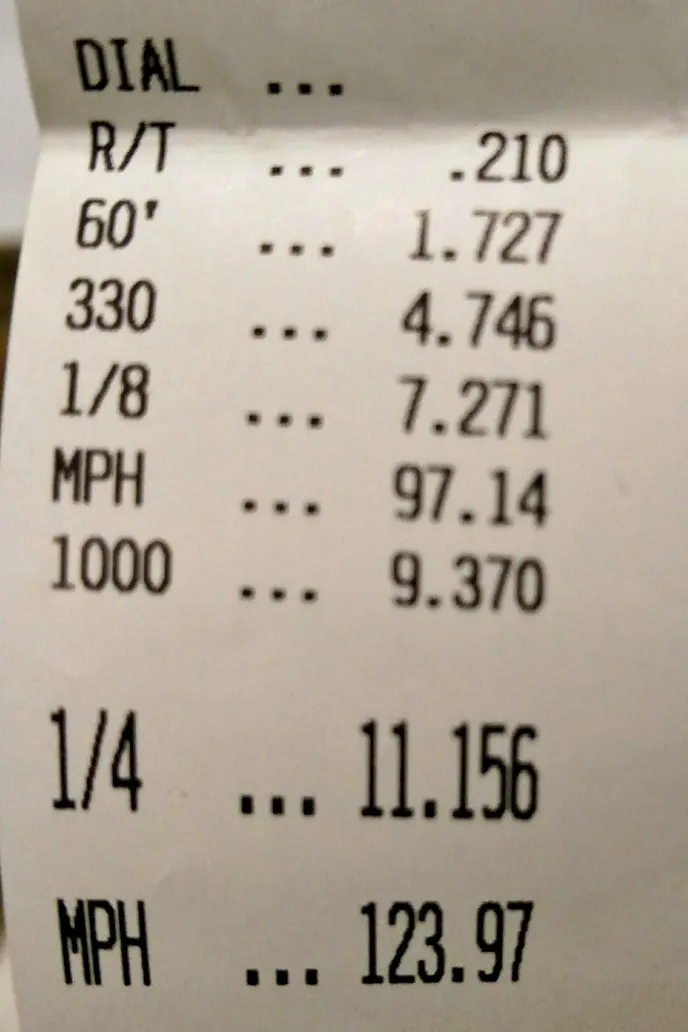 Our best elapsed time of the single test session we got with the car before the winter set in. Not bad, but there's still a ton left in terms of elapsed time improvement. We've already fixed one issue by installing MGW's Compact Race Spec shifter; it's time for a clutch and a shift light, and then the 10s will be staring us right in the face. From a real, street-driven, everyday car.
