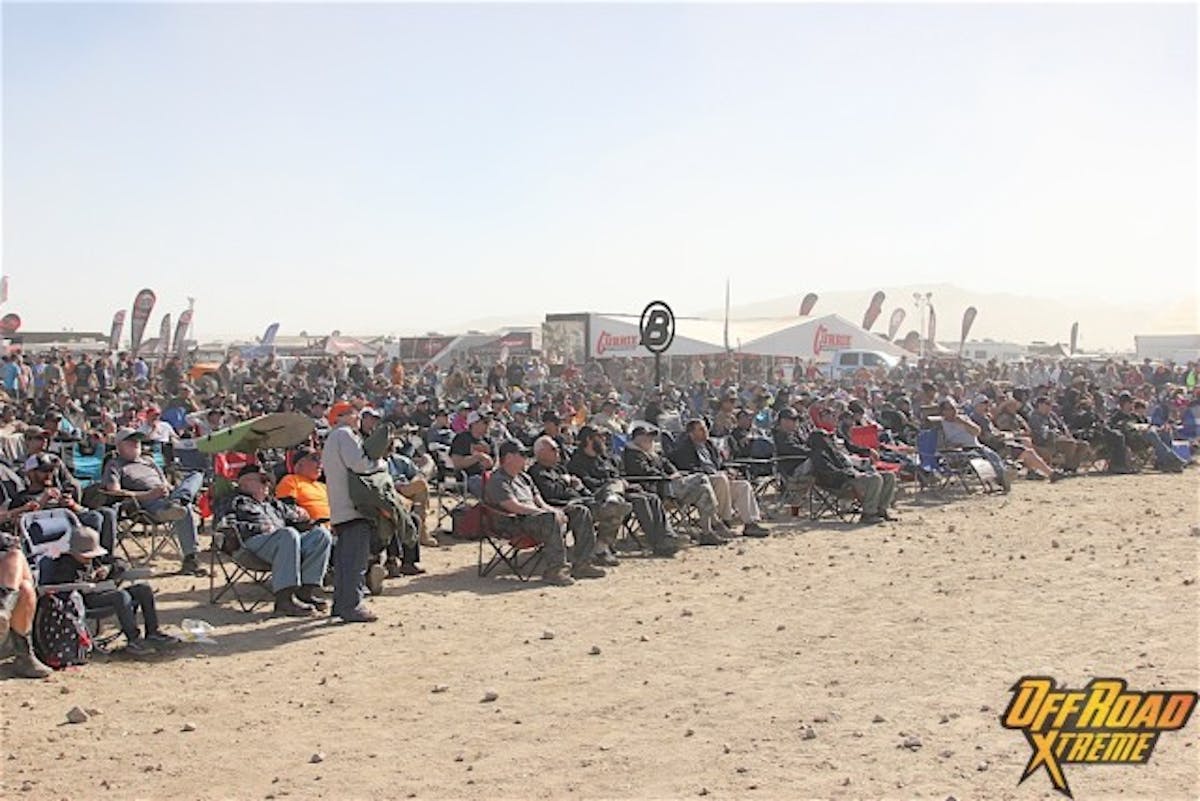 A massive crowd gathered in front of the Jumbotron in "downtown" to follow the race.
