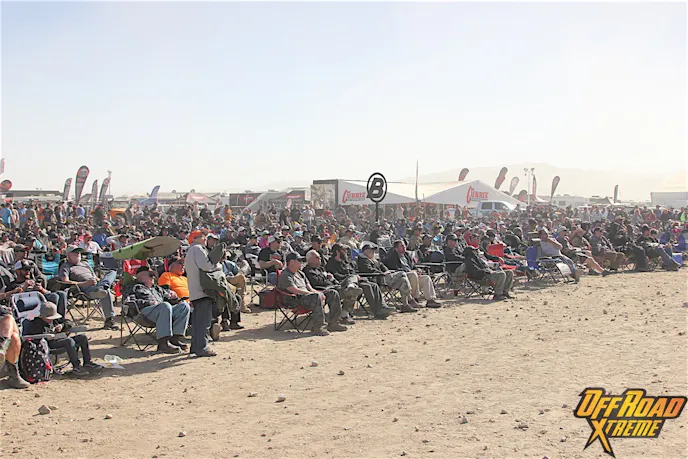 A massive crowd gathered in front of the Jumbotron in "downtown" to follow the race.
