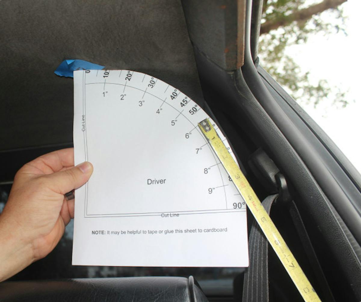 The supplied cutout from Chassis Engineering (or your protractor) serves as the starting point for the "A" dimension, or the measurement across the top of the headliner. By positioning the cutout at the corner of the roof on both side in the desired position, you'll mark the 0 on the roof, and then measure across, side to side.