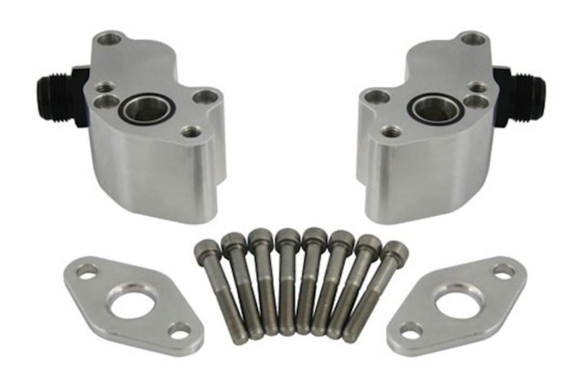 This adapter kit from Moroso allows you run their big-block Chevy water pump an LS series motor. This offers a number of advantages including lower weight versus the stock pump, improved coolant flow at idle and the option to run big-block Chevy accessories.