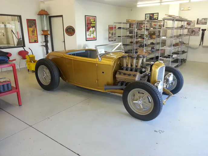 Larry Christinnon's award winning roadster shown in the shop.