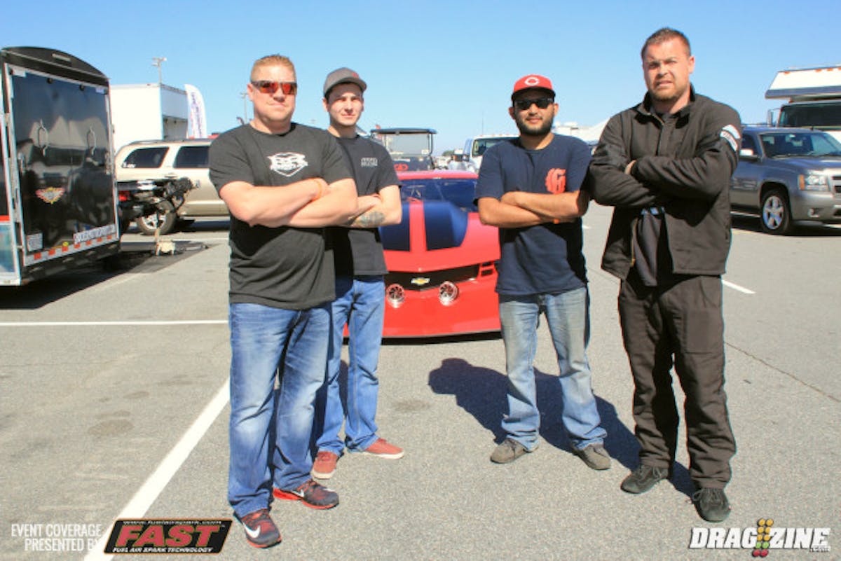 Ryan Martin purchased this Camaro last year from Joe Copson and has made some small changes to it including a fresh new paint job new heads and turbos with word done by B&R Performance and will represent Fireball Racing as their flagship car. Fireball racing is Russ Harrison Billy Hayes and Ryan Martin. From left to right, Billy Hayes Wes, Timmerman, Javier Canales and Ryan Martin.