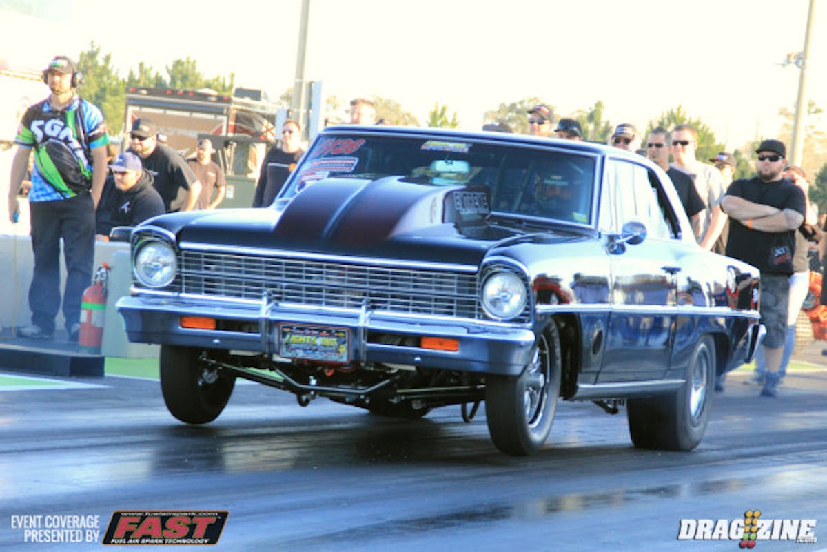 Joe Albrecht is the Snowbird Outlaw Nationals Ultra Street winner with his beautiful Chevy II. He spun after the launch on this pass.