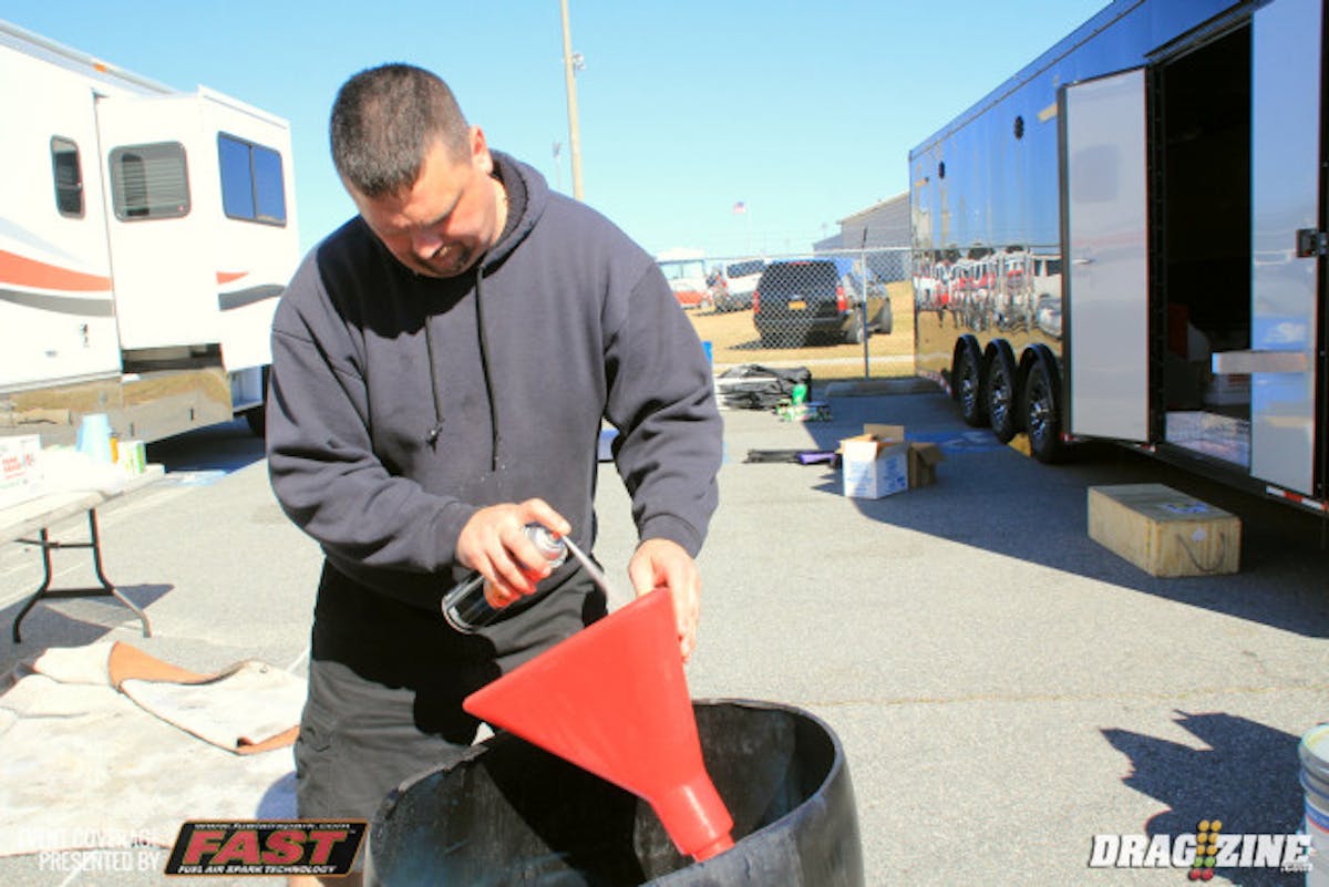 We dropped by the DeMarco pits and found tuner Lonnie Houde just finishing up putting oil back in David's Buick. He had an oil filter fail on the burnout last night resulting in a bit of down time in RVW qualifying.