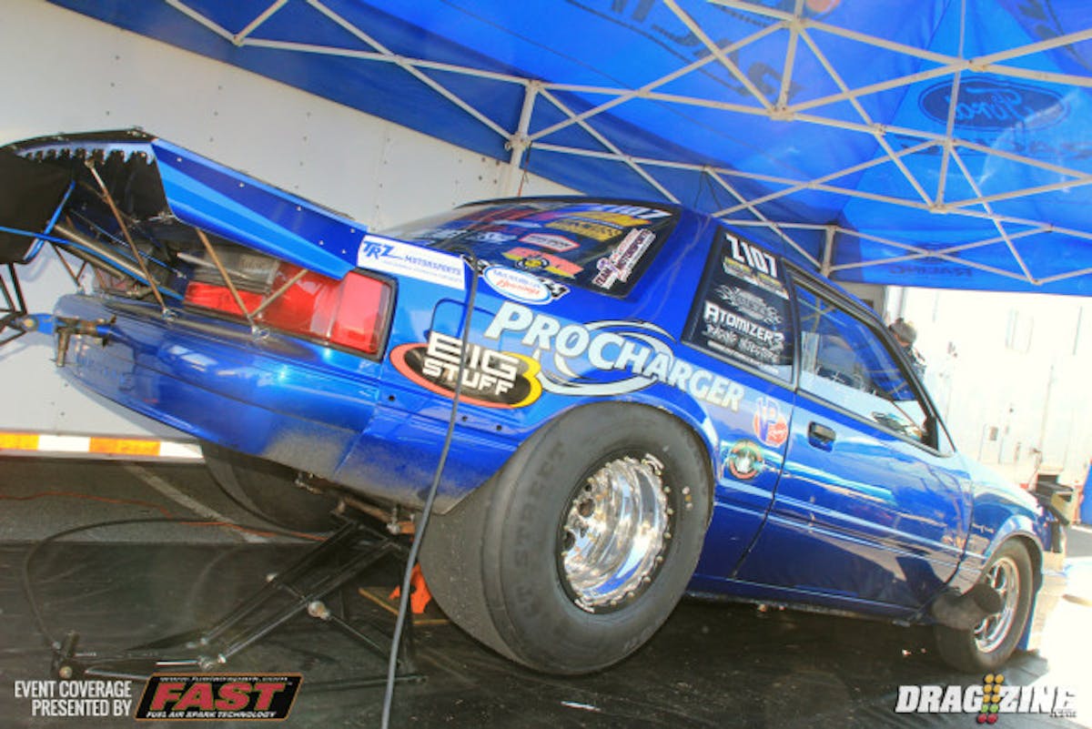 Mustang Mike Modeste is double entered this weekend running ODR and Outlaw 275. We caught up with his after his ODR qualifying session this morning where he ran a 4.28. In testing he was 4.17 at 186 and this run was three numbers quicker to half track with a 1.07, 2.79 but it layed over though the top end. 