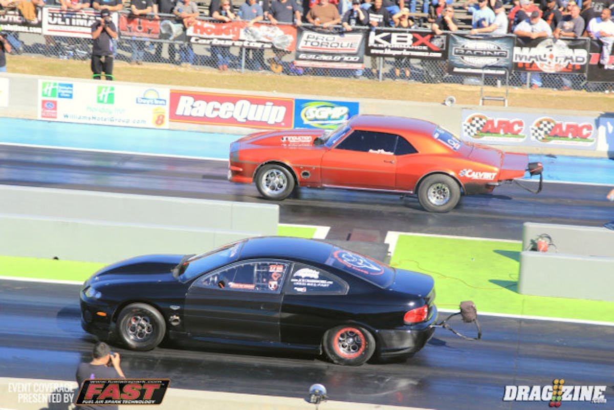 Ronnie Rhodes put up a 4.91 at 143 in his Induction Solutions/BES/Rhodes Custom Auto Camaro, good for fourth in class. Pictured far lane.