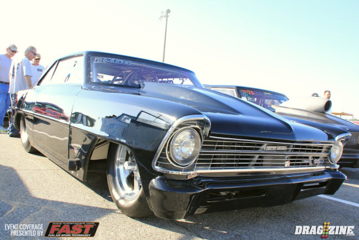 This jet black 67 Chevy is owned by Richard Dukes out of Augusta, Georgia and built by GPS Race Cars weighing in at 1,930 pounds without the driver. He is running Open Comp this weekend and normally bracket races. The engine is a Dart 434 with 13 degree heads powering the car to consistent 5.30's.