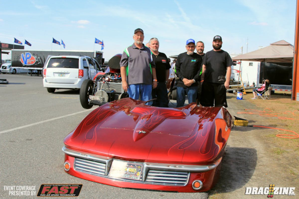 Shay Loveday has struggled keeping their car on the ground in Radial vs the World and have made some adjustments and added some weight on the nose to help out. The 63 Vette is owned by Steve Dodgen and is one of several cars in the D&L Racing stable. The team has run this Mark Posley built car about 3 years in local Pro Mod events with a 632 engine but pulled this Eagle Racing Engine 780 ci off the shelf about three weeks ago to prepare for this event.
