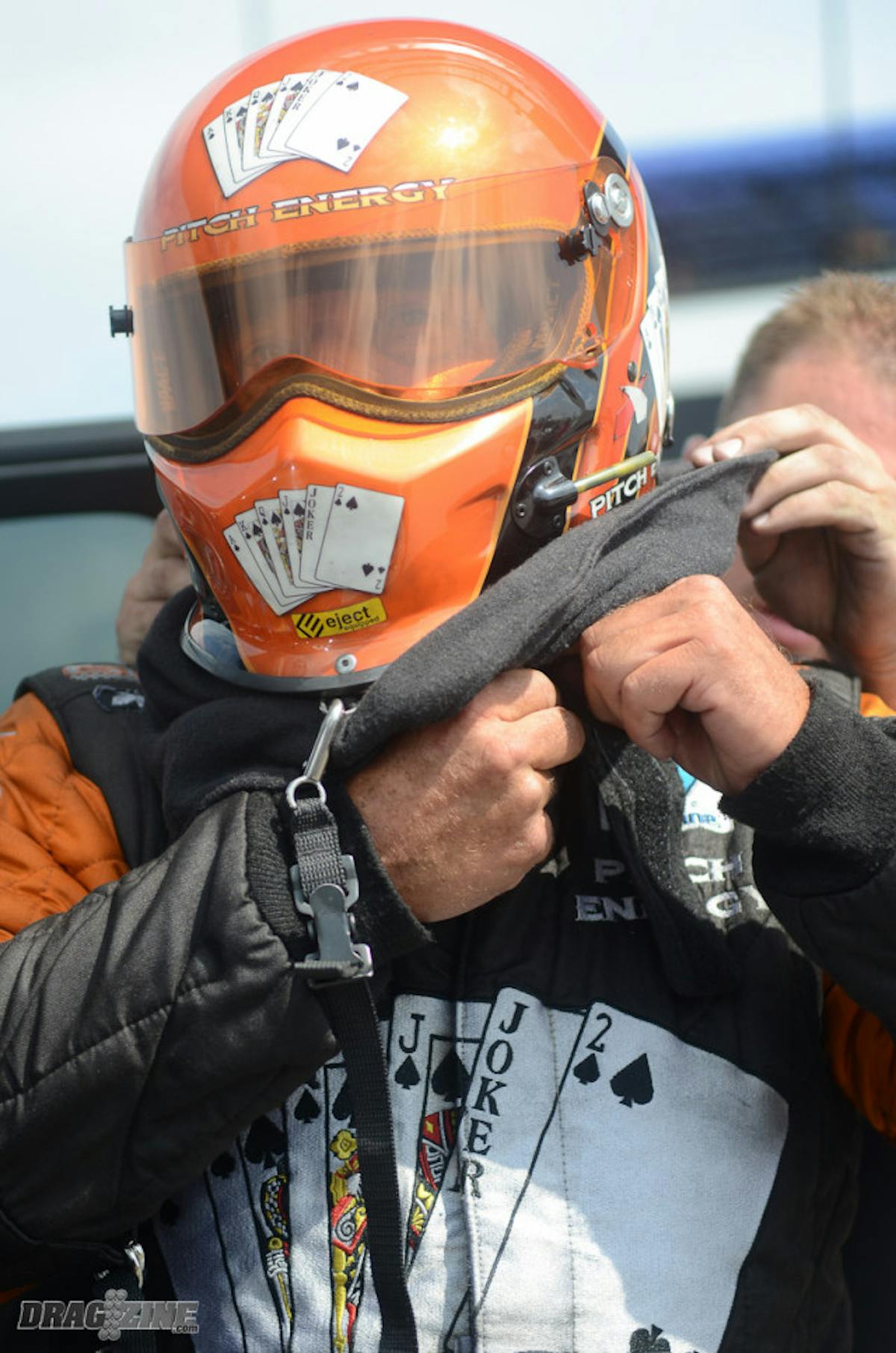 Nitro drivers wear both a headsock and a skirted helmet, providing the most extensive degree of facial and neck protection possible. 