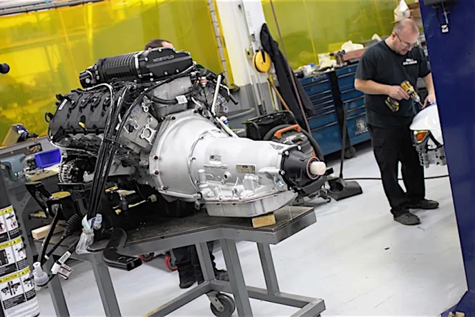 This Cobra Jet engine and transmission as a unit is ready to install into a new '16 Cobra Jet.