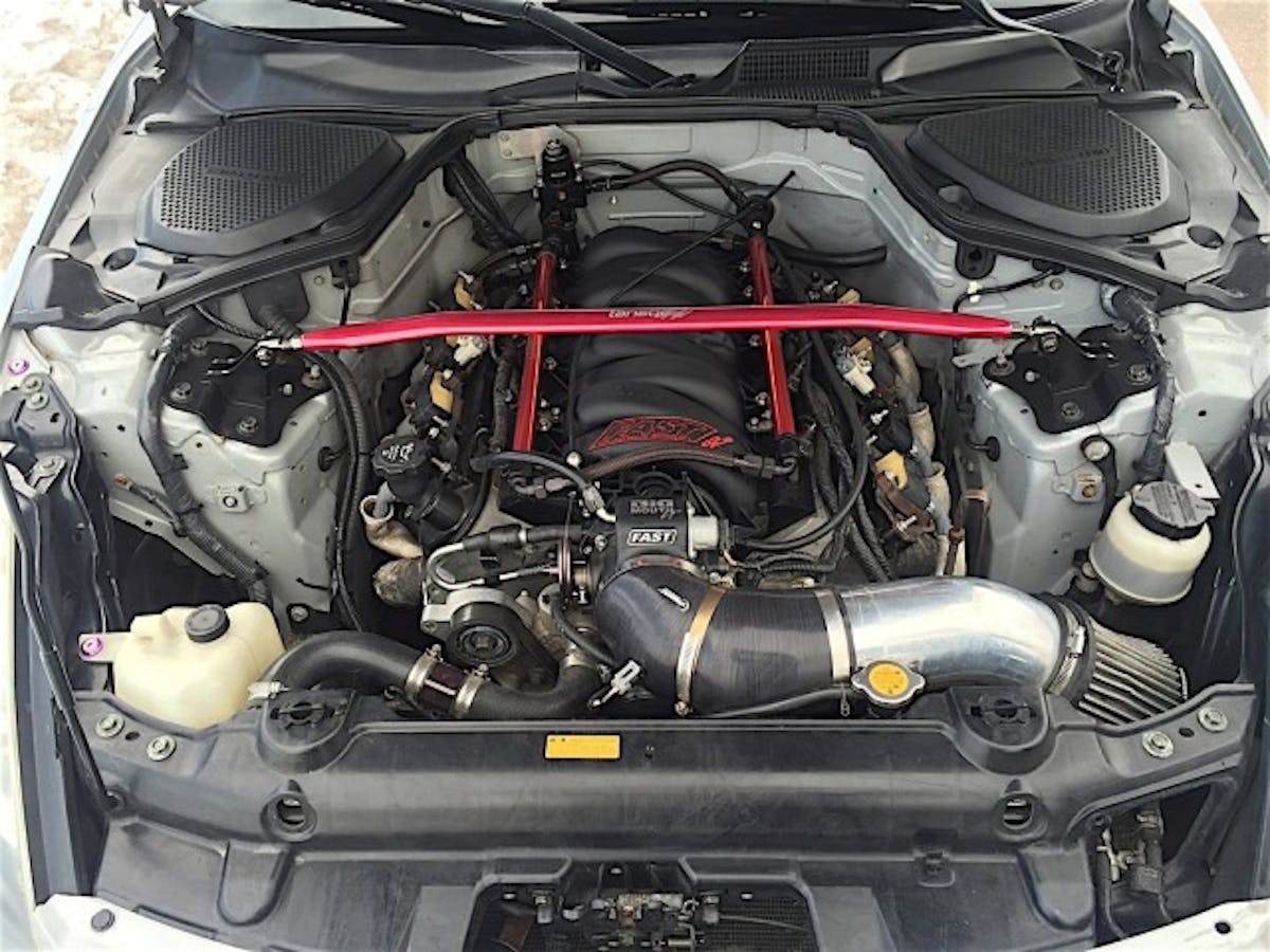 This '04 350Z plays host to a salvaged 5.7-liter LS6 engine from a '03 Z06 Corvette and uses a matching Tremec T56 6-speed manual transmission.