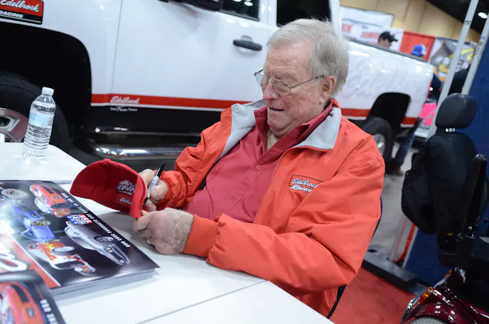 Performance automotive royalty Vic Edelbrock was back again this year to sign autographs, shake some hands, and kiss babies.
