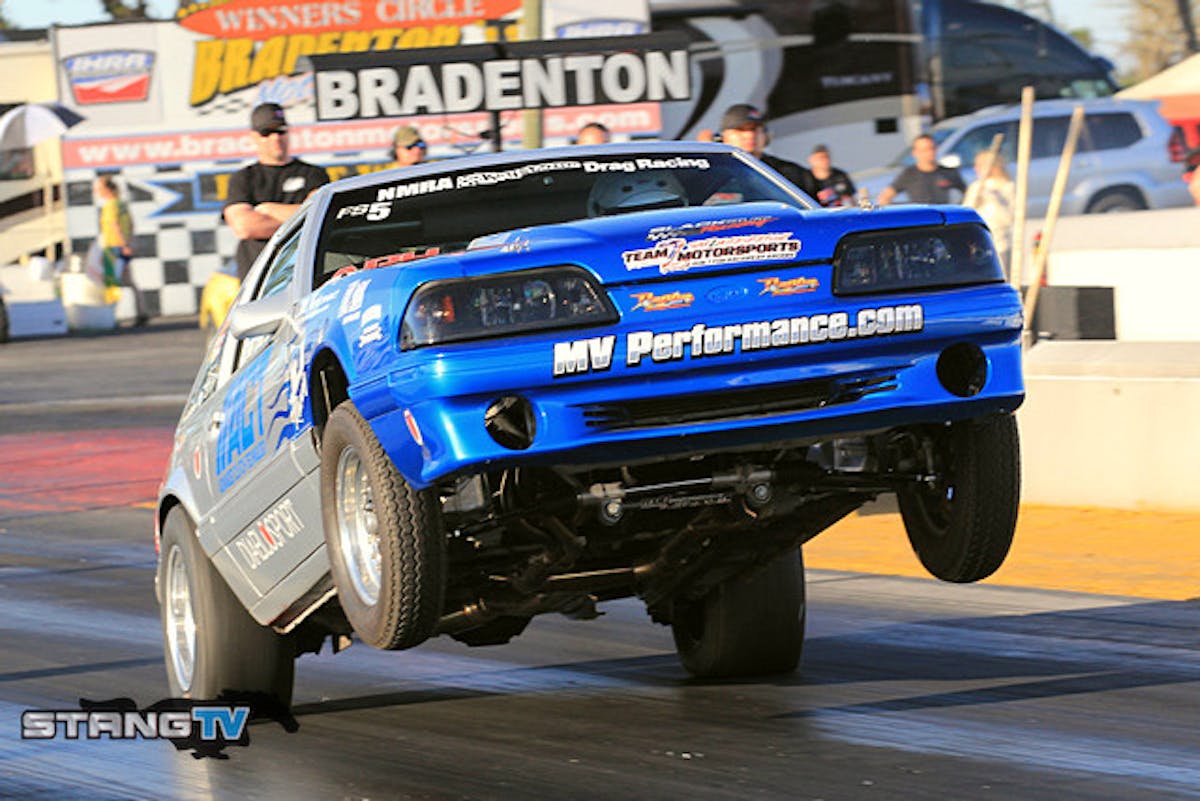 John Leslie Jr. pulled the wheels hard on his way to a 10.79 at 124 in American Racing Headers Factory Stock landing third in class.