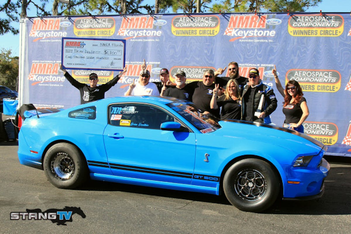 Brian has been racing for 27 years in everything from dirt track to ice drags and runs a  LMN built engine fed by a Precision 94 MM Gen II turbo in his full interior 2013 Shelby GT 500. Evolution Performance handled the build on the car with help coming from Gulf Racing Fuels and Stroud Safety.