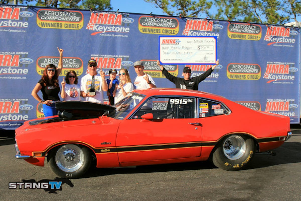 inal Dennis met with Deep Gap, North Carolina based Greg Essen who nailed the tree with a .003 reaction in his 1971 Maverick. Corn would go too fast by .002 playing the stripe giving Essen his first NMRA event win.