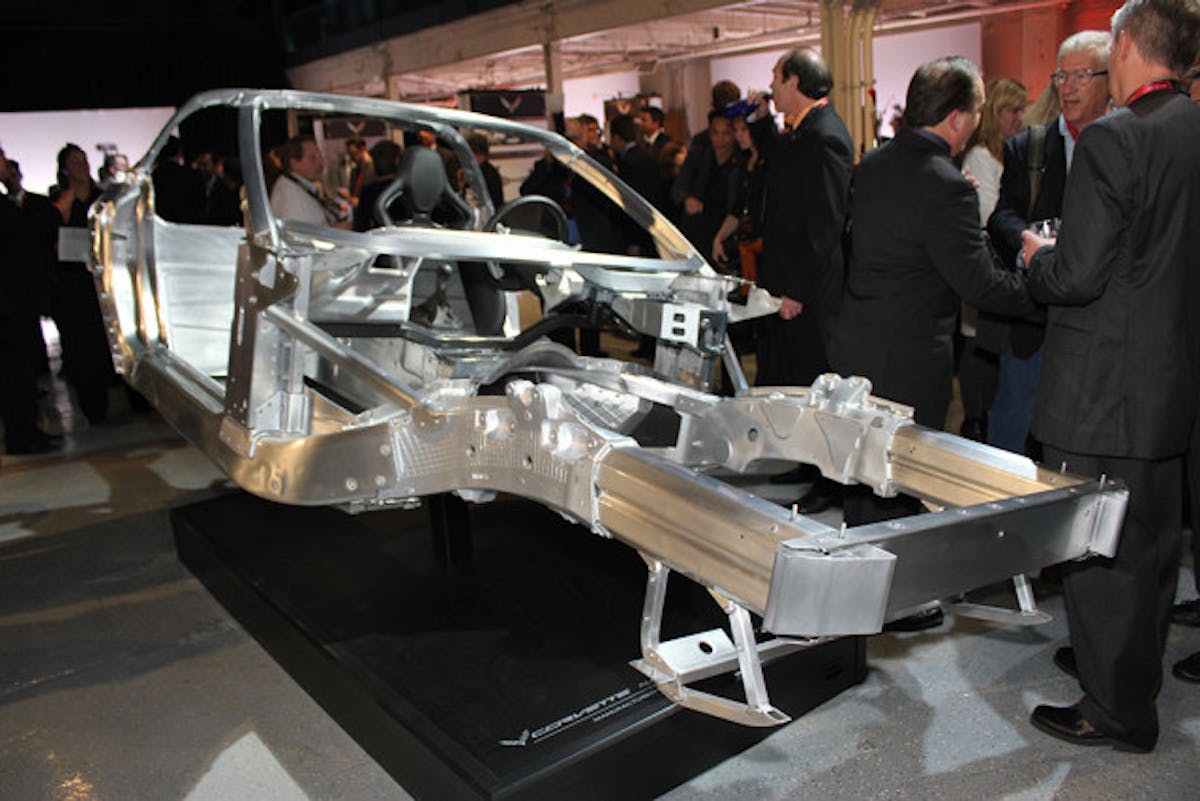 New C7 frame now makes use of aluminum and magnesium. Add carbon fiber and sheet molded compound body work and today's Corvette is truly a "mixed materials" automobile.