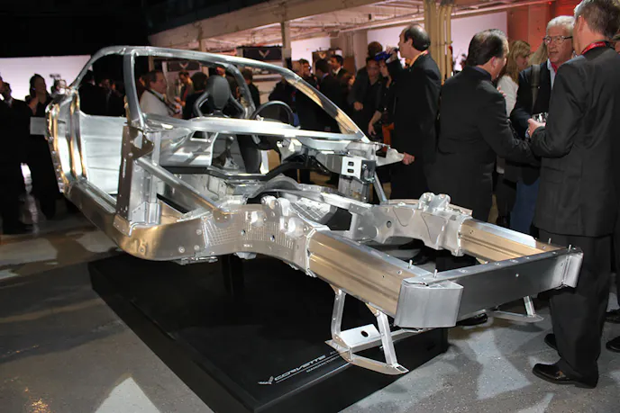 New C7 frame now makes use of aluminum and magnesium. Add carbon fiber and sheet molded compound body work and today's Corvette is truly a "mixed materials" automobile.